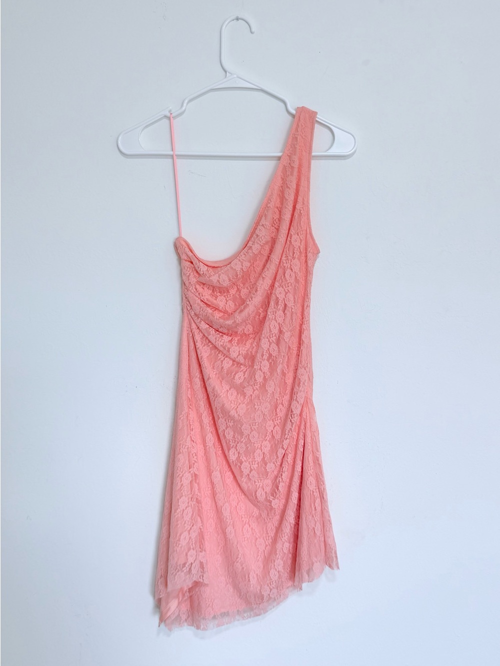Urban Outfitters One-Shoulder Asymmetrical Ruched Lace Dress in Pink Coral